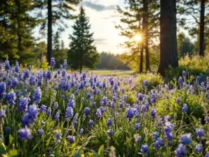 Aurinkoinen puutarha kukkivine monivuotiskasveineen: laventeleita, päivänliljoita ja pioneja. Puutarhatyökaluja multaisella polulla.