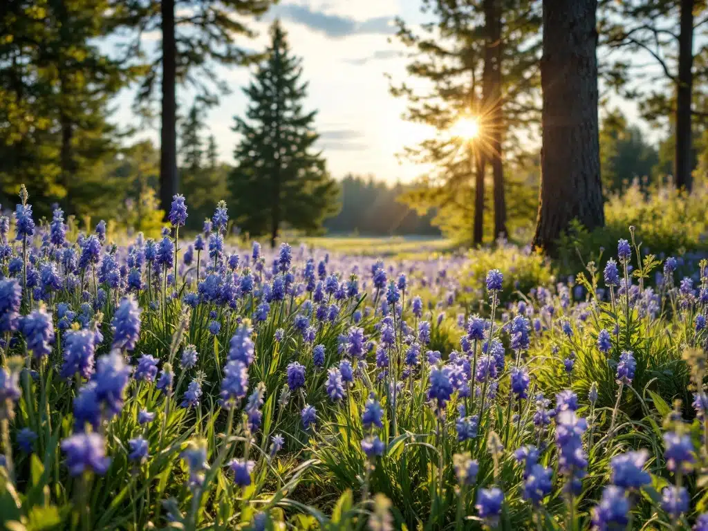 Aurinkoinen puutarha kukkivine monivuotiskasveineen: laventeleita, päivänliljoita ja pioneja. Puutarhatyökaluja multaisella polulla.