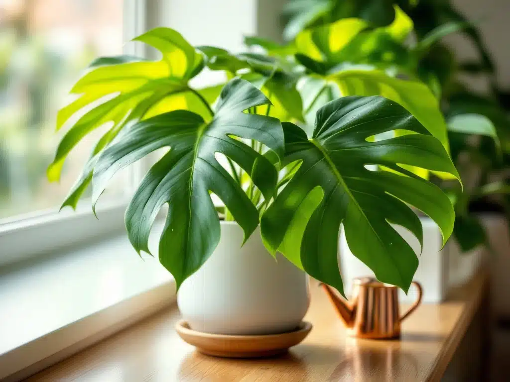 Rehevä monstera-kasvi kiiltävine vihreine lehtineen keraamisessa ruukussa ikkunan äärellä. Vesipisarat lehdillä, kuparikastelukannu vieressä puupöydällä.