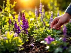 Suomalainen puutarha auringonvalossa, monipuolisia kasveja ja puutarhurin käsi hoitamassa violettia kukkaa modernilla istutusalueella.