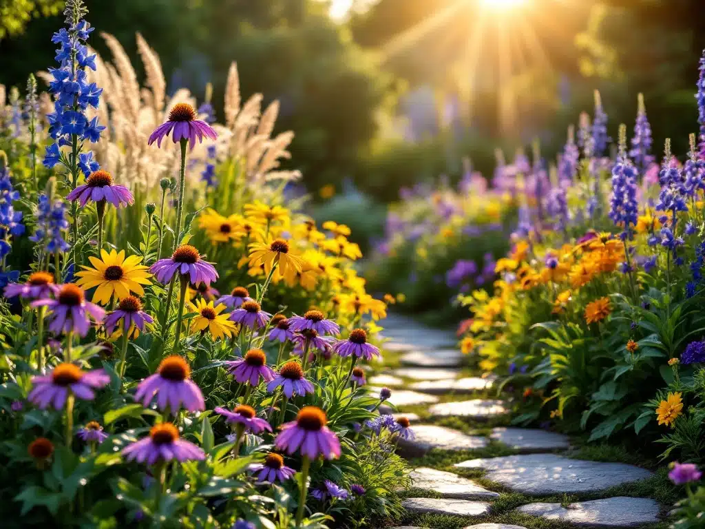 Auringonlaskun kultaamassa suomalaisessa puutarhassa kukkivat perennat: purppurahatut, keltaiset rudbeckiat ja siniset ritarinkannut kivisen polun varrella.