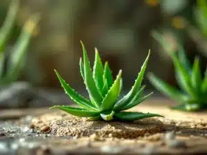 Elinvoimainen aloe vera keraamisessa ruukussa puisella ikkunalaudalla, pehmeässä valossa. Vieressä puutarhatyökaluja, taustalla vihreä puutarhanäkymä.