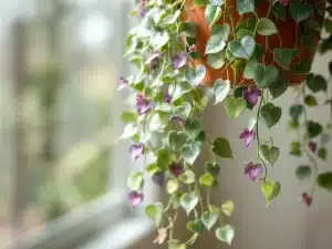 Rehevä Ceropegia linearis (keinovaha) hopeavihrein sydämenmuotoisin lehdin riippuu terrakottaruukusta, vaaleanpunaiset kukat loistavat auringonvalossa.