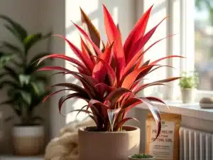 Punaisen-vaaleanpunainen Cordyline fruticosa (Ti-kasvi) tyylikkäässä ruukussa skandinaavisessa sisustuksessa. Auringonvalo korostaa kiiltäviä lehtiä, kastelukannu näkyy nurkassa.