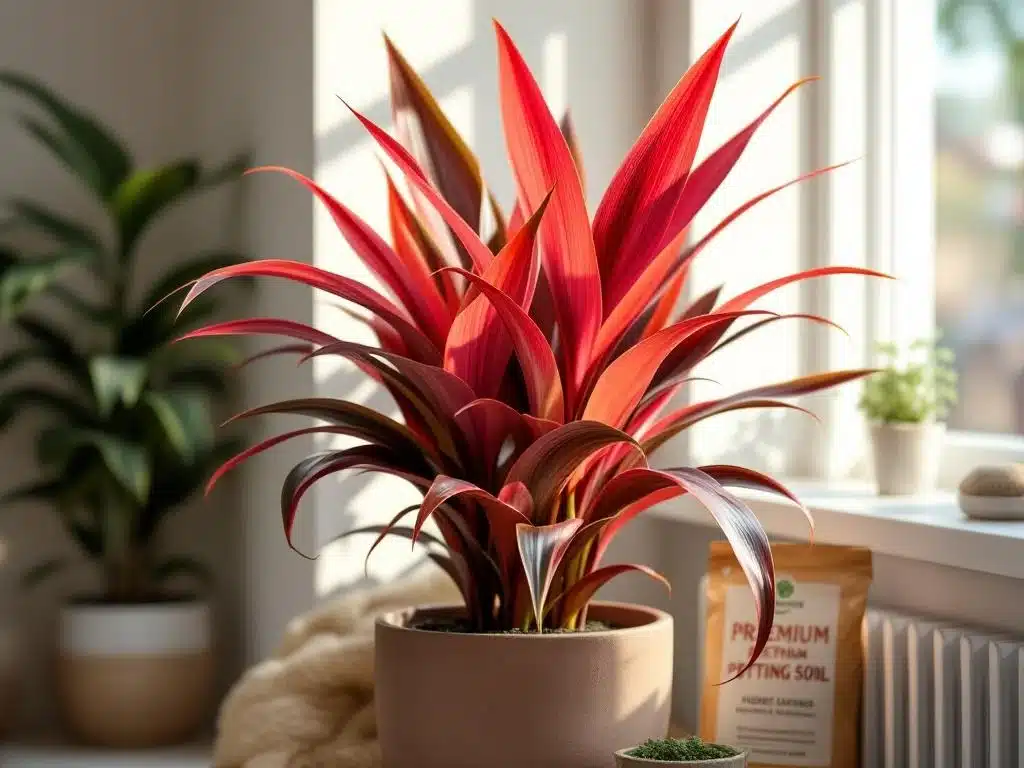 Punaisen-vaaleanpunainen Cordyline fruticosa (Ti-kasvi) tyylikkäässä ruukussa skandinaavisessa sisustuksessa. Auringonvalo korostaa kiiltäviä lehtiä, kastelukannu näkyy nurkassa.