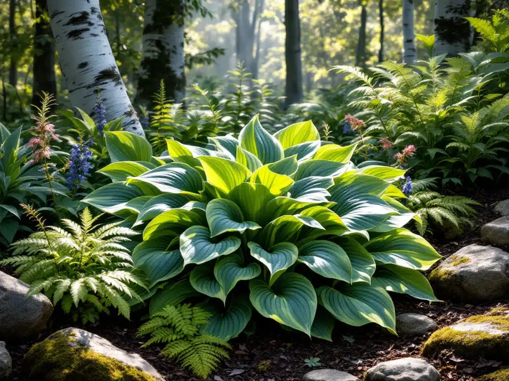 Kookas, kirjava sinivihreä hosta-kasvi aamukasteessa varjoisassa suomalaisessa puutarhanurkkauksessa saniaisten, astilbejen ja brunneroiden ympäröimänä.