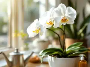 Valkoinen Phalaenopsis-orkidea keraamisessa ruukussa, auringonvalossa kimaltelevat vesipisarat lehdillä. Taustalla skandinaavinen sisustus puuelementeillä.