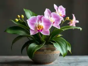 Valkoinen phalaenopsis-orkidea lasimaljakossa, juuret näkyvillä. Vesipisara putoaa hitaasti kimmeltäen luonnonvalossa vihreää taustaa vasten.
