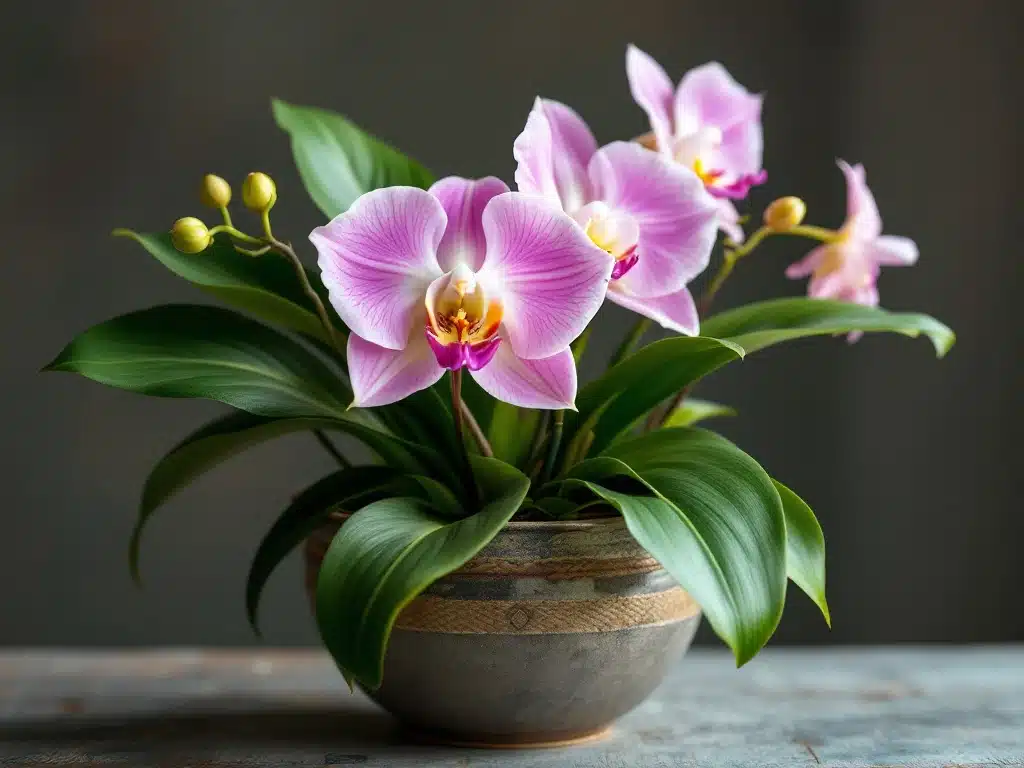 Valkoinen phalaenopsis-orkidea lasimaljakossa, juuret näkyvillä. Vesipisara putoaa hitaasti kimmeltäen luonnonvalossa vihreää taustaa vasten.