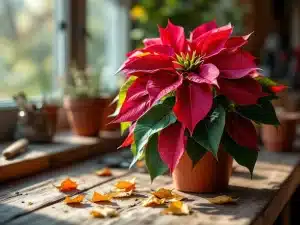 Jouluruusu punaisine lehvineen puisella pinnalla, kellastuneita lehtiä tippunut kasvin ympärille aamuvalaistuksessa