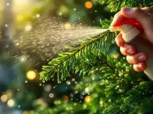 Käsi sumuttaa vettä tuoreelle kuusenoksalle, jossa kimaltaa vesipisarat vihreissä havuissa