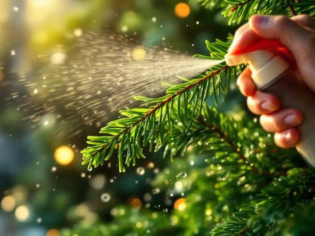 Käsi sumuttaa vettä tuoreelle kuusenoksalle, jossa kimaltaa vesipisarat vihreissä havuissa