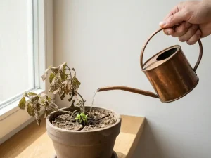 Nuupahtanut huonekasvi kuivassa mullassa saa vettä kastelukannusta ikkunalaudalla, uudet vihreät versot näkyvissä