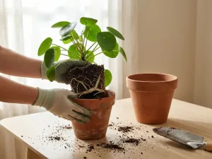 Viherkasvi terrakottaruukussa, juuret näkyvät pohjareiästä; käsissä uudelleenruukutusta, lapiokauha ja ruukku pöydällä