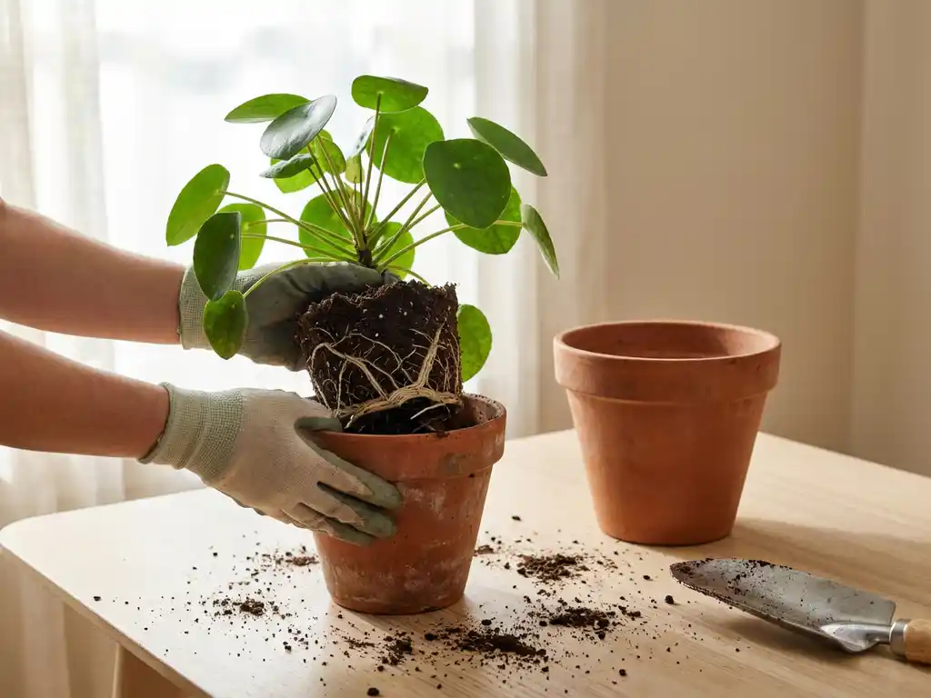 Viherkasvi terrakottaruukussa, juuret näkyvät pohjareiästä; käsissä uudelleenruukutusta, lapiokauha ja ruukku pöydällä