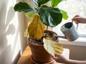 Keltalehtinen huonekasvi terrakottaruukussa; käsi nostaa lehteä ja toinen kastelee ikkunan valossa pöydällä.