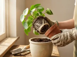 Huonekasvi siirretään ruukkuun, valkoiset juuret näkyvät, uusi multa ja työkalut ikkunalaudalla.