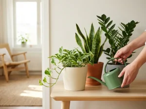 Kolme helppohoitoista huonekasvia ja kastelukannu valoisalla puupöydällä: kultaköynnös, anopinkieli ja zamiokas.