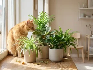 Kissa nuuhkii viittä lemmikkiturvallista huonekasvia aurinkoisella ikkunalaudalla skandinaavisessa olohuoneessa.