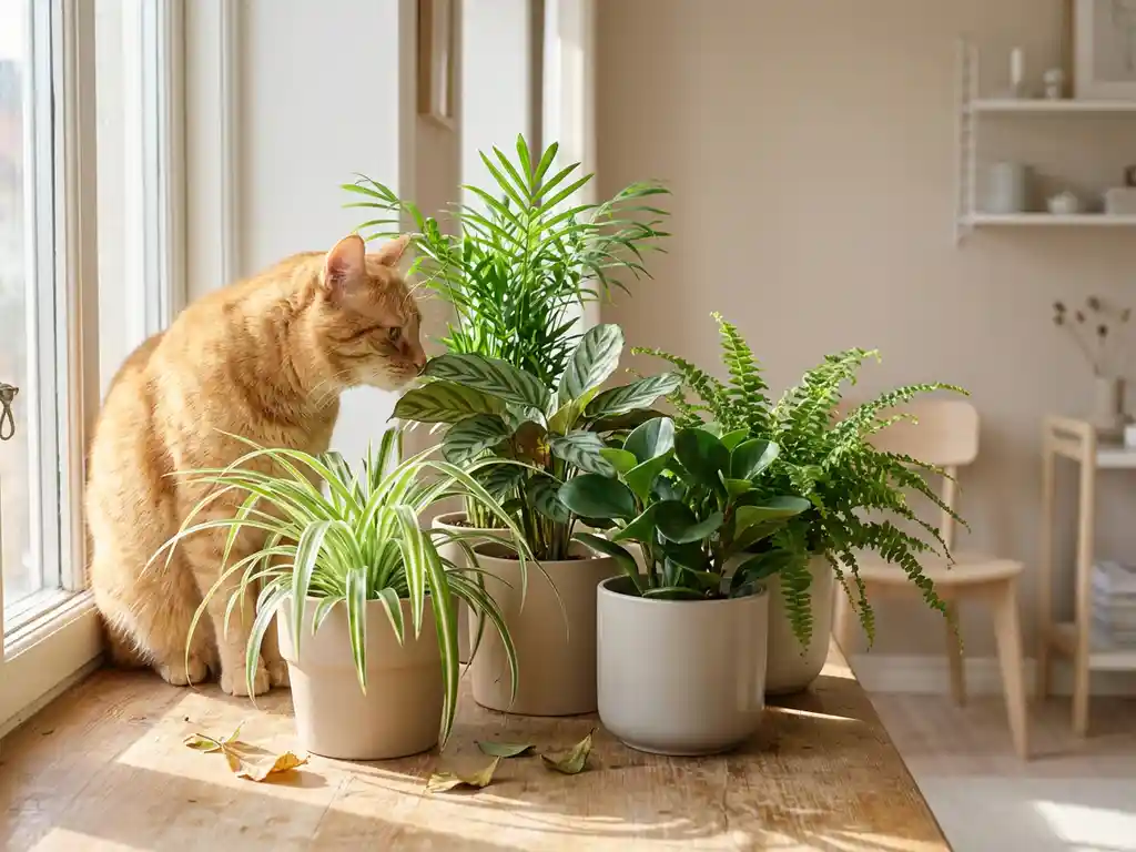 Kissa nuuhkii viittä lemmikkiturvallista huonekasvia aurinkoisella ikkunalaudalla skandinaavisessa olohuoneessa.