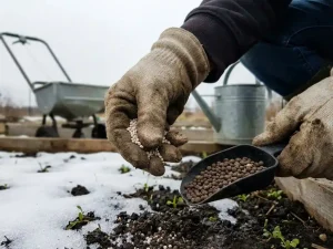 Puutarhurin hansikkaat pitelevät rakeista ja hidasliukoista lannoitetta kevätpenkin yllä, lumen ja versojen keskellä