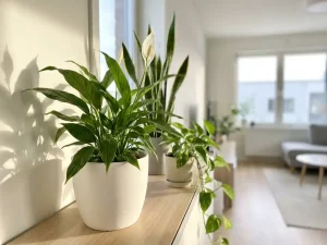 Rehevä viirivehka valkoisessa ruukussa ikkunalaudalla, taustalla anopinkieli ja kultaköynnös skandikodissa