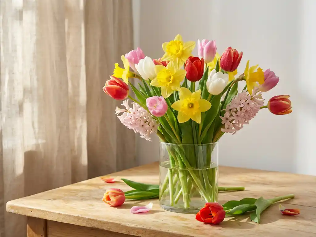 Keväinen tulppaani-, narsissi- ja vaaleanpunainen hyasinttikimppu lasimaljakossa keittiön pöydällä aamuauringossa.