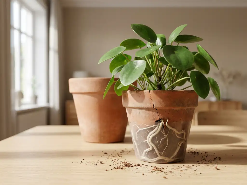 Juurtunut viherkasvi ahtaassa, haljenneessa terrakottaruukussa pöydällä, juuret näkyvät, taustalla isompi ruukku